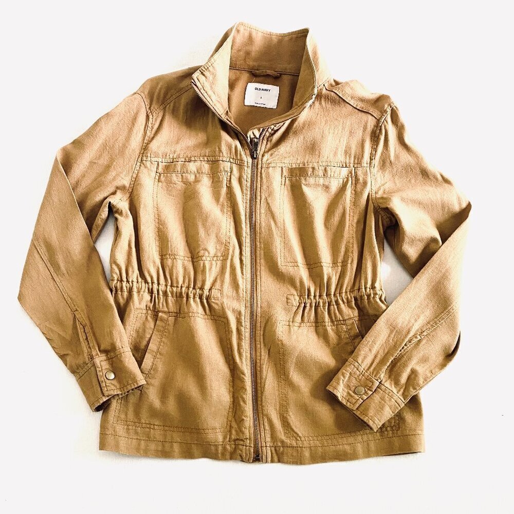Old Navy tan linen blend utility jacket Women's Small lightweight pockets preppy